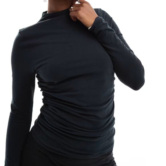 Abercrombie & Fitch Mock Neck Long Sleeve Top Sweater Black Side Ruching Small - Picture 1 of 6